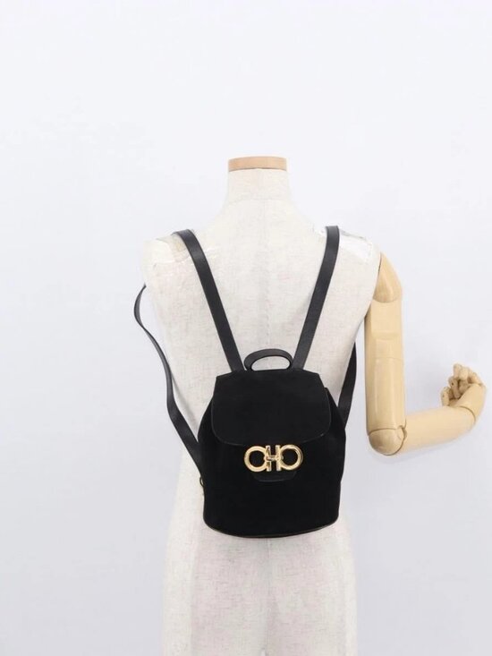 Salvatore Ferragamo Gancini Backpack Suede Black Gold Auth BA8233 main image 9